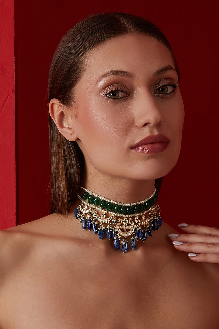 Gold Finish Kundan Polki & Jade Green Stone Choker Necklace by Paisley Pop at Pernia's Pop Up Shop