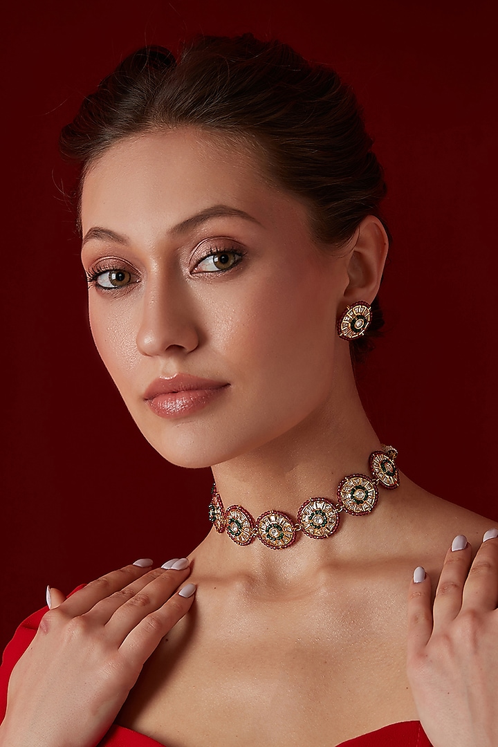 Gold Finish Kundan Polki & Natural Red Stone Choker Necklace Set by Paisley Pop at Pernia's Pop Up Shop