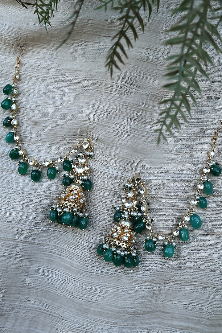 Gold Finish Kundan Polki & Green Stone Dangler Earrings by Paisley Pop at Pernia's Pop Up Shop