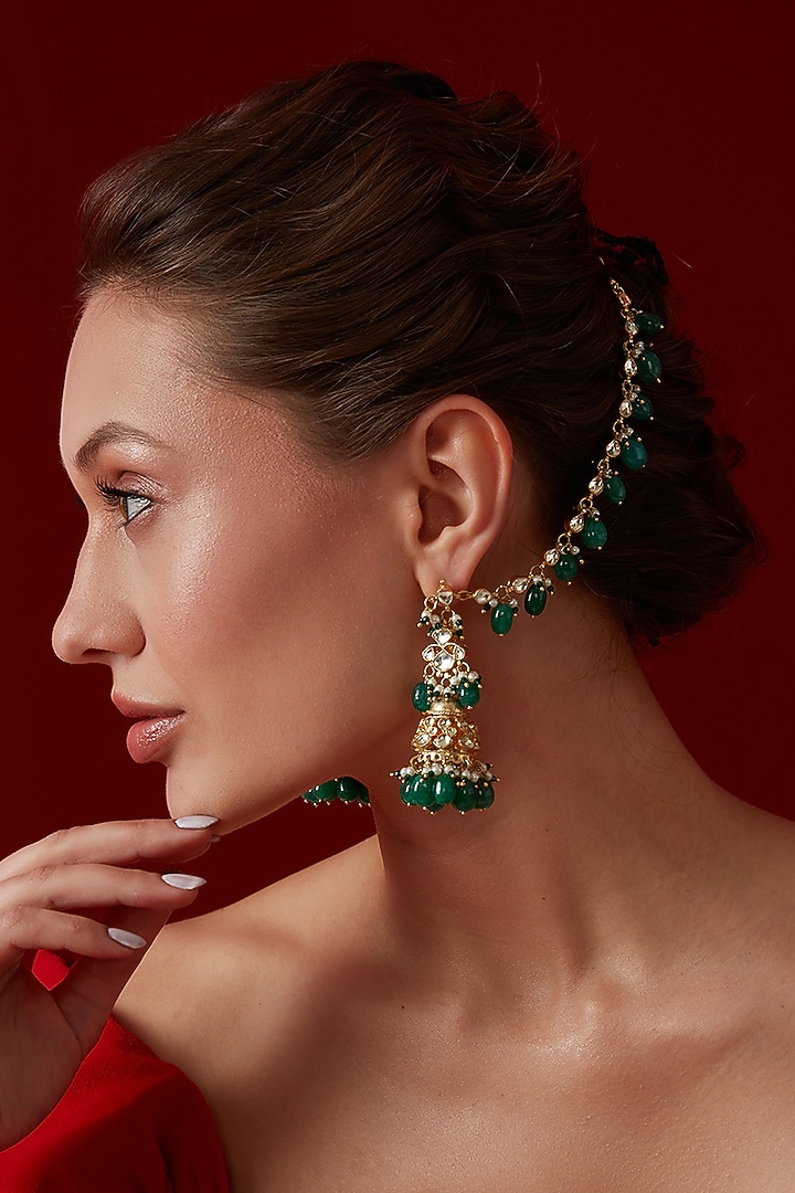 Gold Finish Kundan Polki & Green Stone Dangler Earrings by Paisley Pop at Pernia's Pop Up Shop