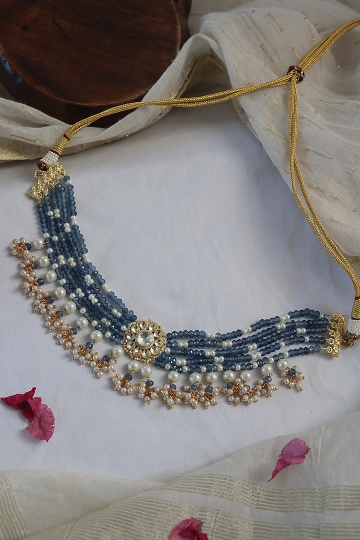 Gold Finish Uncut Kundan Polki & Blue Stone Choker Necklace by Paisley Pop at Pernia's Pop Up Shop