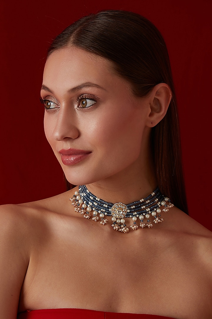 Gold Finish Uncut Kundan Polki & Blue Stone Choker Necklace by Paisley Pop at Pernia's Pop Up Shop