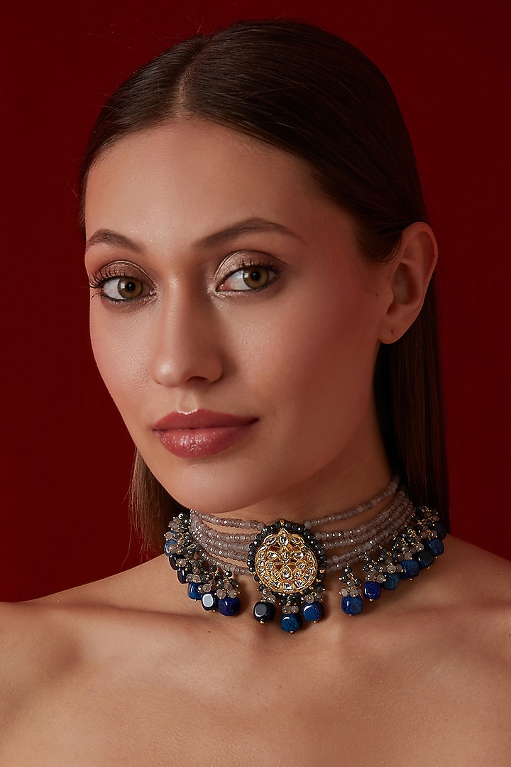 Gold Finish Uncut Kundan Polki Grey Stone Choker Necklace by Paisley Pop  at Pernia's Pop Up Shop