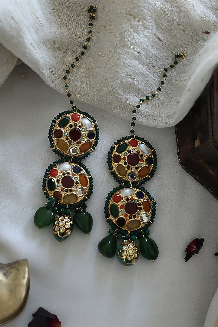 Gold Finish Kundan Polki & Natural Stone Dangler Earrings by Paisley Pop at Pernia's Pop Up Shop