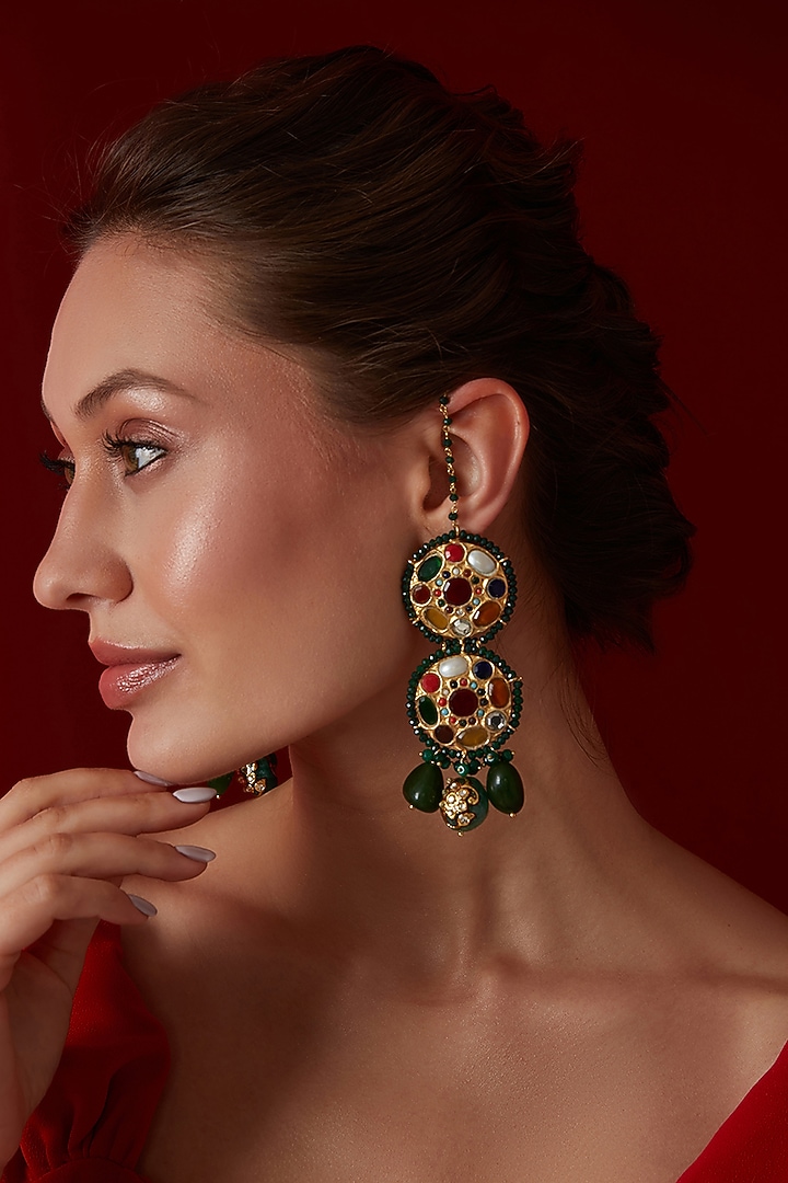 Gold Finish Kundan Polki & Natural Stone Dangler Earrings by Paisley Pop at Pernia's Pop Up Shop