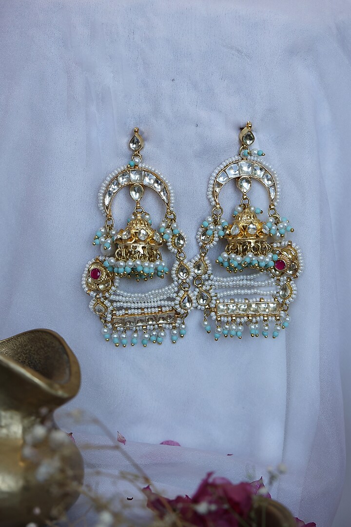 Gold Finish Kundan Polki & Pearl Dangler Earrings by Paisley Pop at Pernia's Pop Up Shop