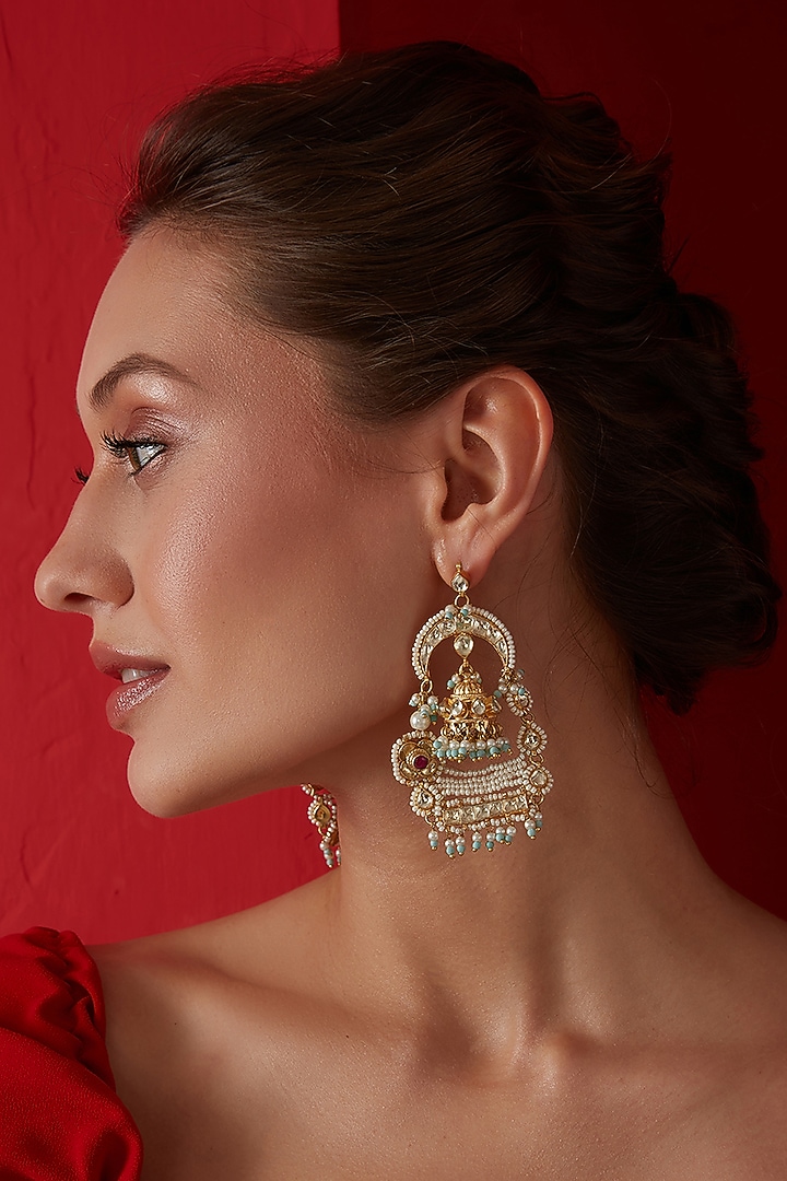 Gold Finish Kundan Polki & Pearl Dangler Earrings by Paisley Pop at Pernia's Pop Up Shop