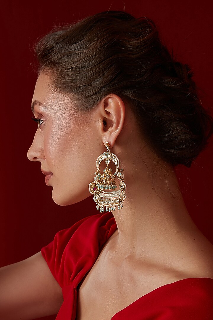 Gold Finish Kundan Polki & Pearl Dangler Earrings by Paisley Pop at Pernia's Pop Up Shop