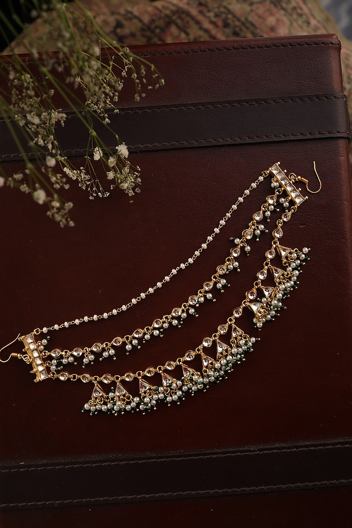 Gold Finish Kundan Polki & Pearl Braidpin by Paisley Pop at Pernia's Pop Up Shop