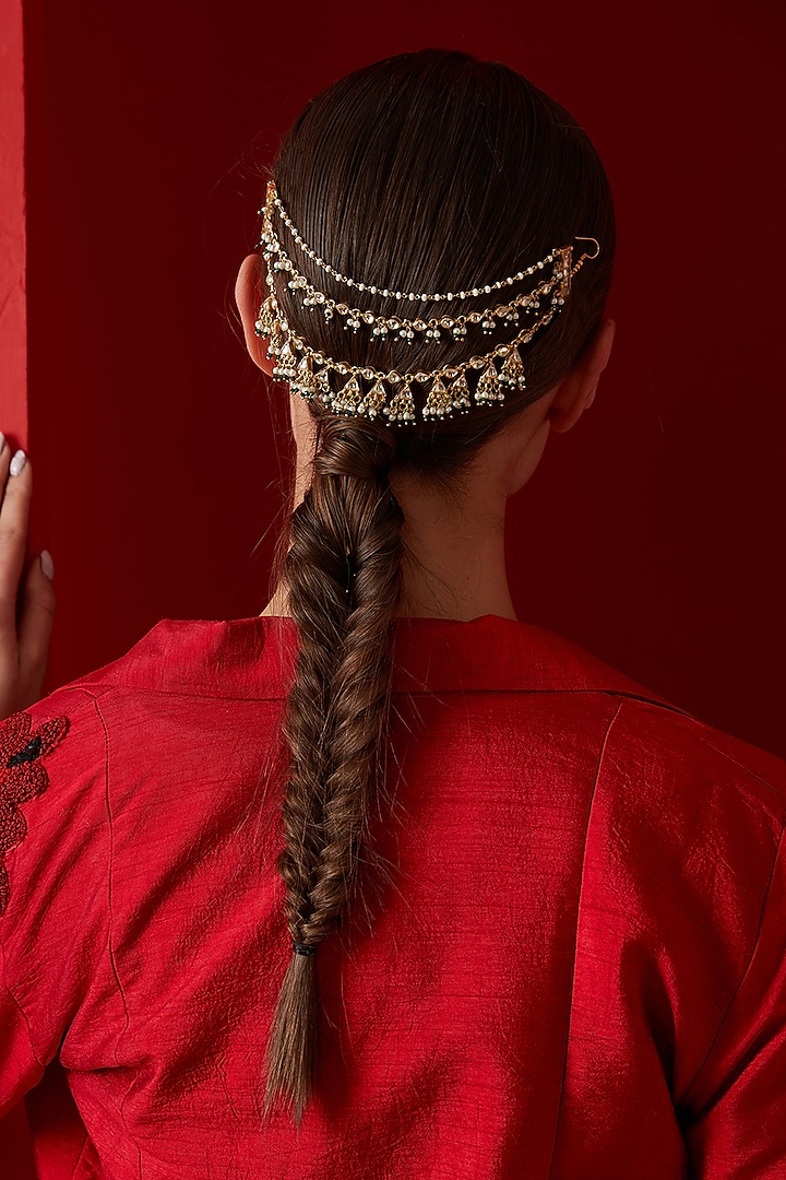 Gold Finish Kundan Polki & Pearl Braidpin by Paisley Pop at Pernia's Pop Up Shop