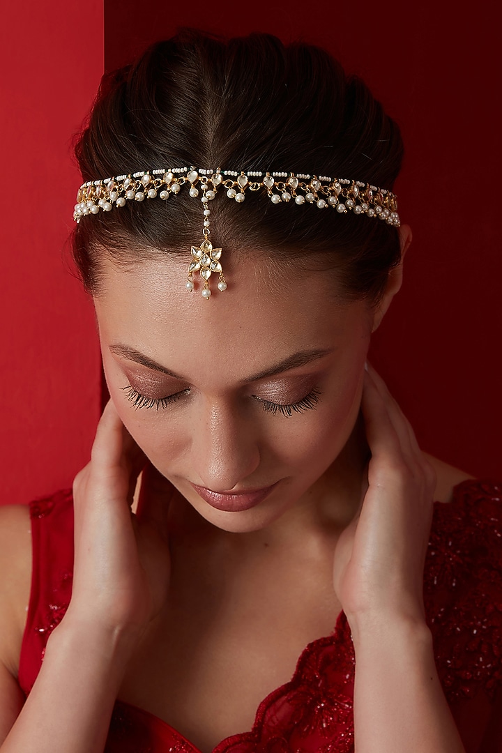 Gold Finish Kundan Polki & Pearl Mathapatti by Paisley Pop at Pernia's Pop Up Shop