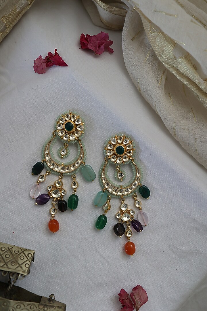 Gold Finish Kundan Polki & Mint Crystal Chandbaali Earrings by Paisley Pop at Pernia's Pop Up Shop