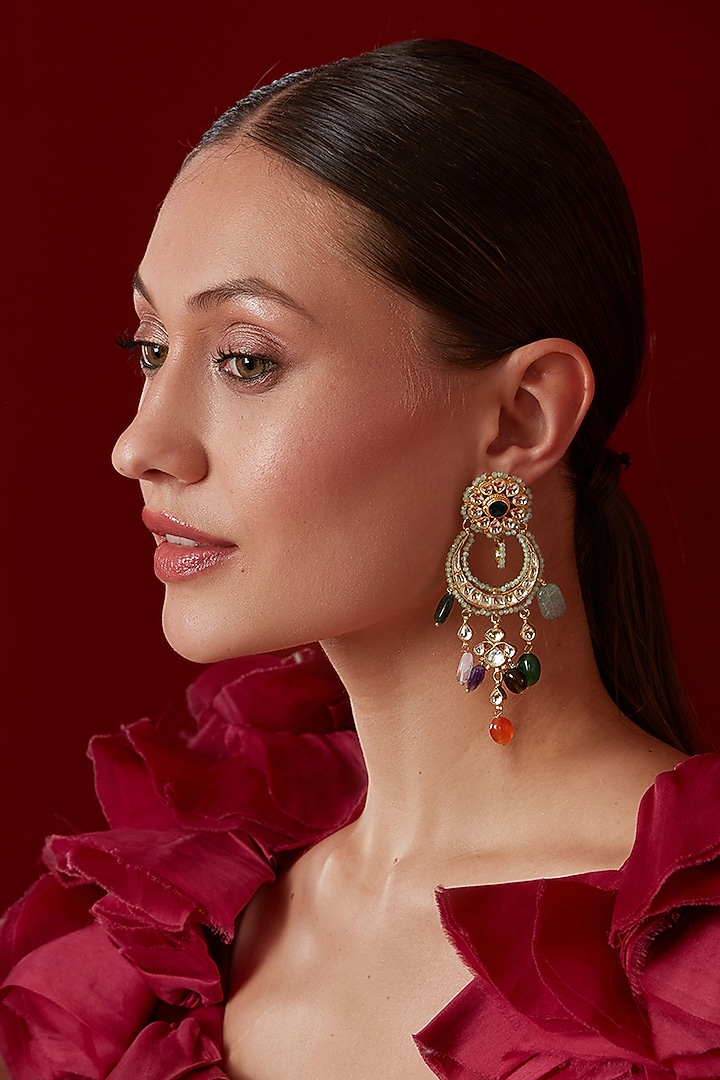 Gold Finish Kundan Polki & Mint Crystal Chandbaali Earrings by Paisley Pop at Pernia's Pop Up Shop