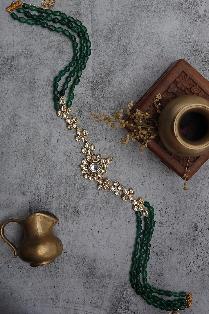 Gold Finish Kundan Polki & Natural Green Stone Waistbelt by Paisley Pop at Pernia's Pop Up Shop