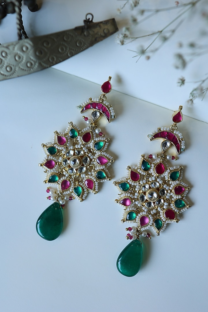 Gold Finish Kundan Polki & Pearl Dangler Earrings by Paisley Pop at Pernia's Pop Up Shop