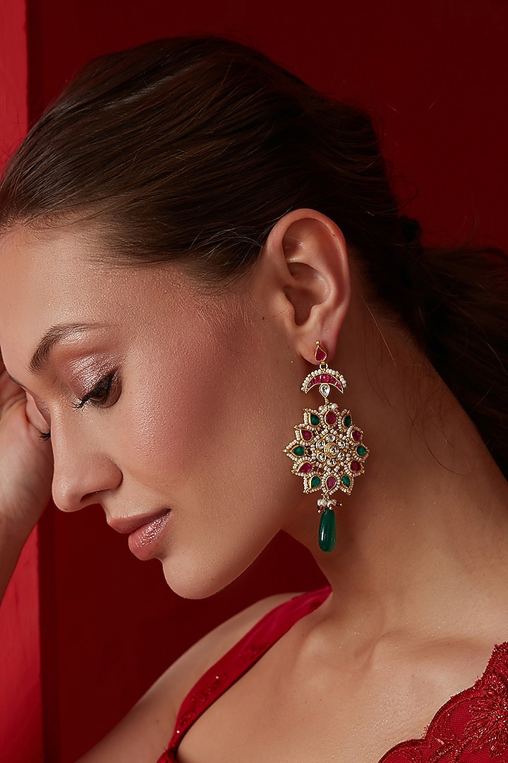 Gold Finish Kundan Polki & Pearl Dangler Earrings by Paisley Pop at Pernia's Pop Up Shop