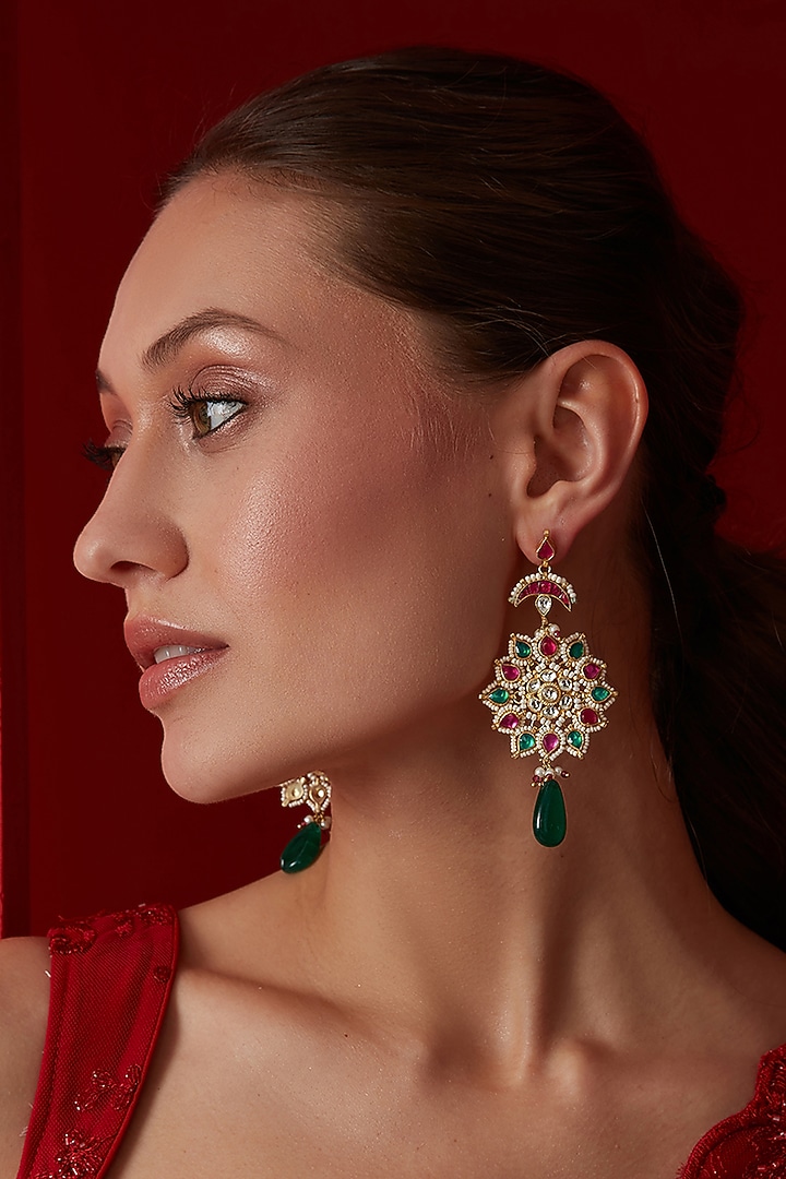 Gold Finish Kundan Polki & Pearl Dangler Earrings by Paisley Pop at Pernia's Pop Up Shop