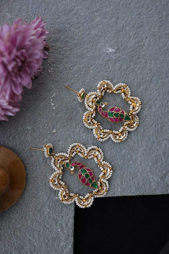 Gold Finish Red & Green Tourmaline Dangler Earrings by Paisley Pop at Pernia's Pop Up Shop
