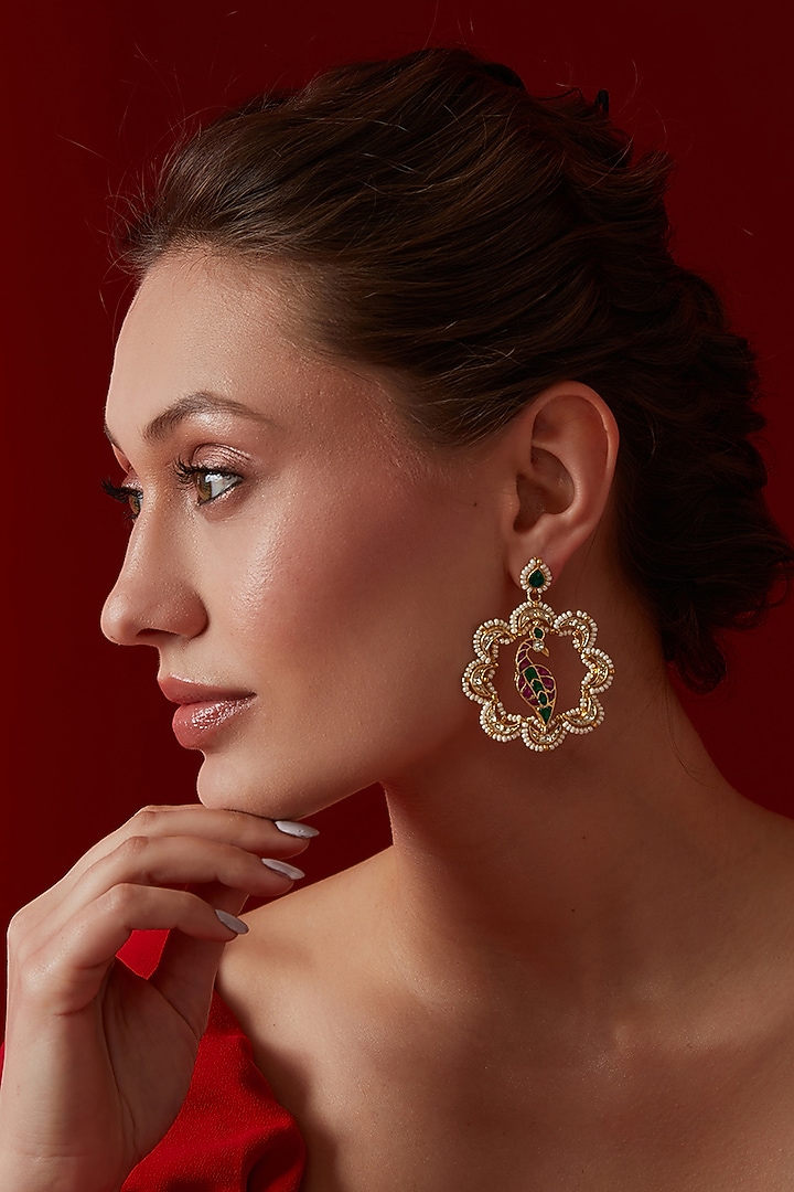 Gold Finish Red & Green Tourmaline Dangler Earrings by Paisley Pop at Pernia's Pop Up Shop