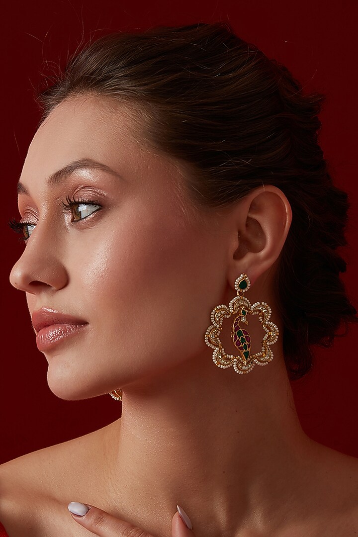 Gold Finish Red & Green Tourmaline Dangler Earrings by Paisley Pop at Pernia's Pop Up Shop