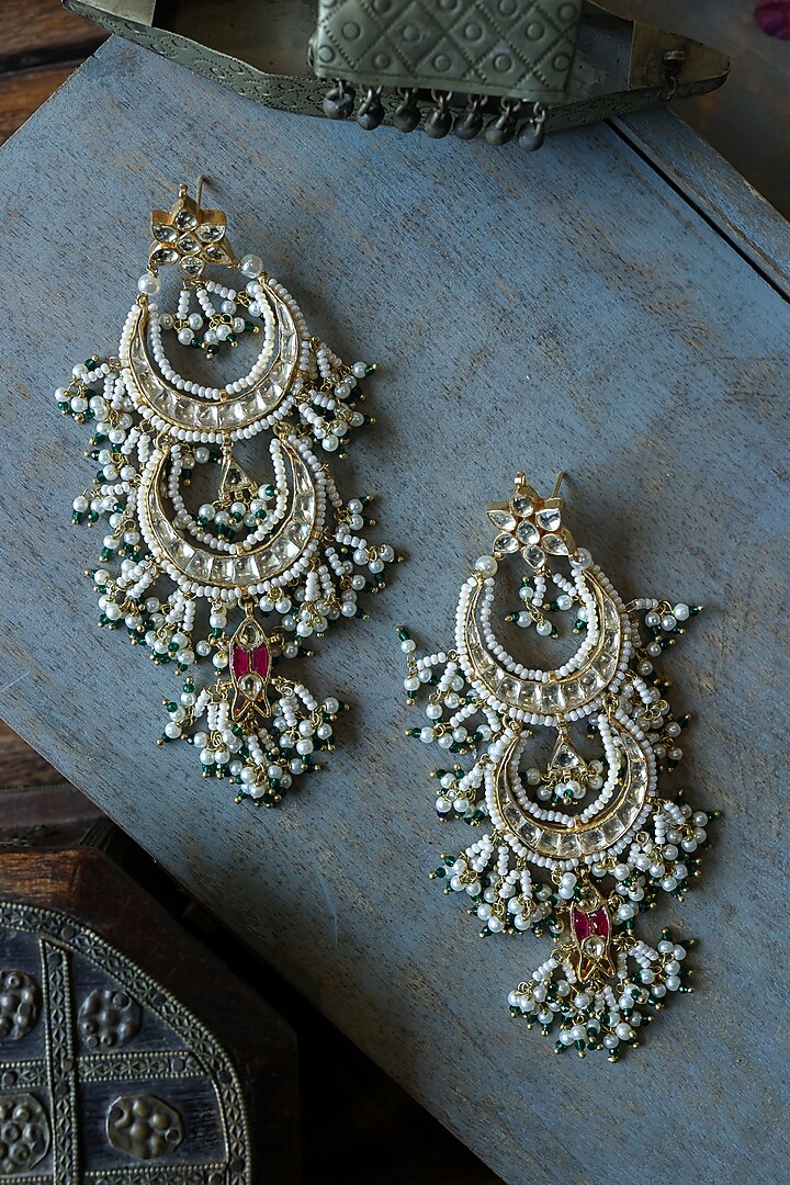 Gold Finish Kundan Polki & Shell Pearl Dangler Earrings by Paisley Pop at Pernia's Pop Up Shop