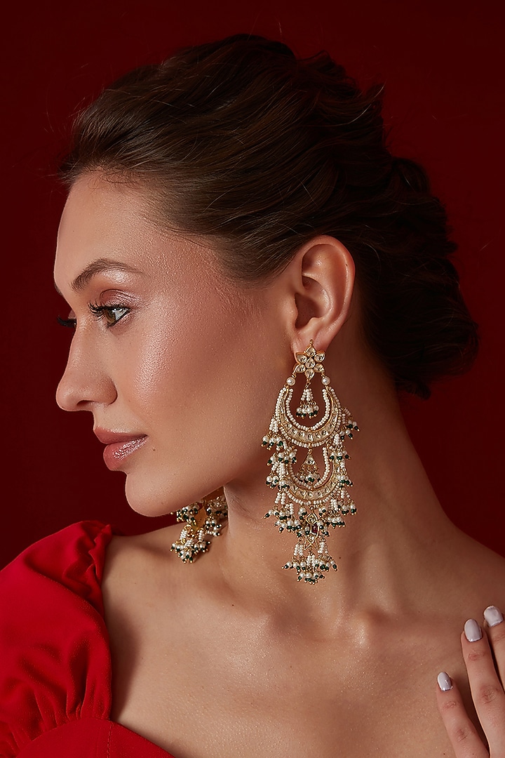 Gold Finish Kundan Polki & Shell Pearl Dangler Earrings by Paisley Pop at Pernia's Pop Up Shop