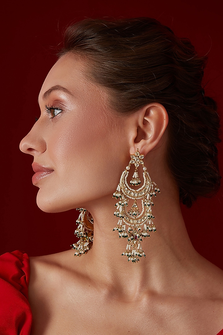 Gold Finish Kundan Polki & Shell Pearl Dangler Earrings by Paisley Pop at Pernia's Pop Up Shop