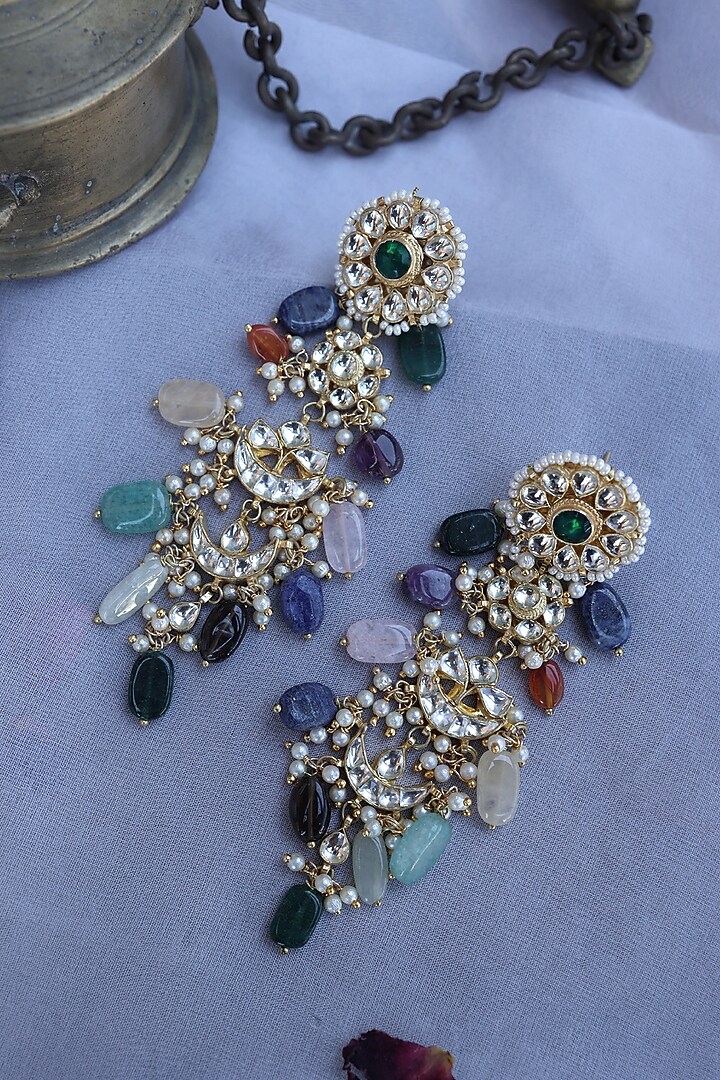 Gold Finish Kundan Polki & Seed Pearl Dangler Earrings by Paisley Pop at Pernia's Pop Up Shop