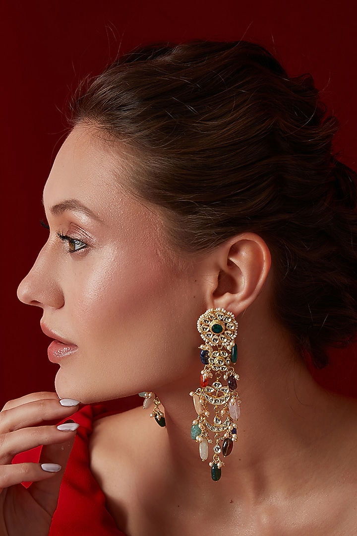 Gold Finish Kundan Polki & Seed Pearl Dangler Earrings by Paisley Pop at Pernia's Pop Up Shop