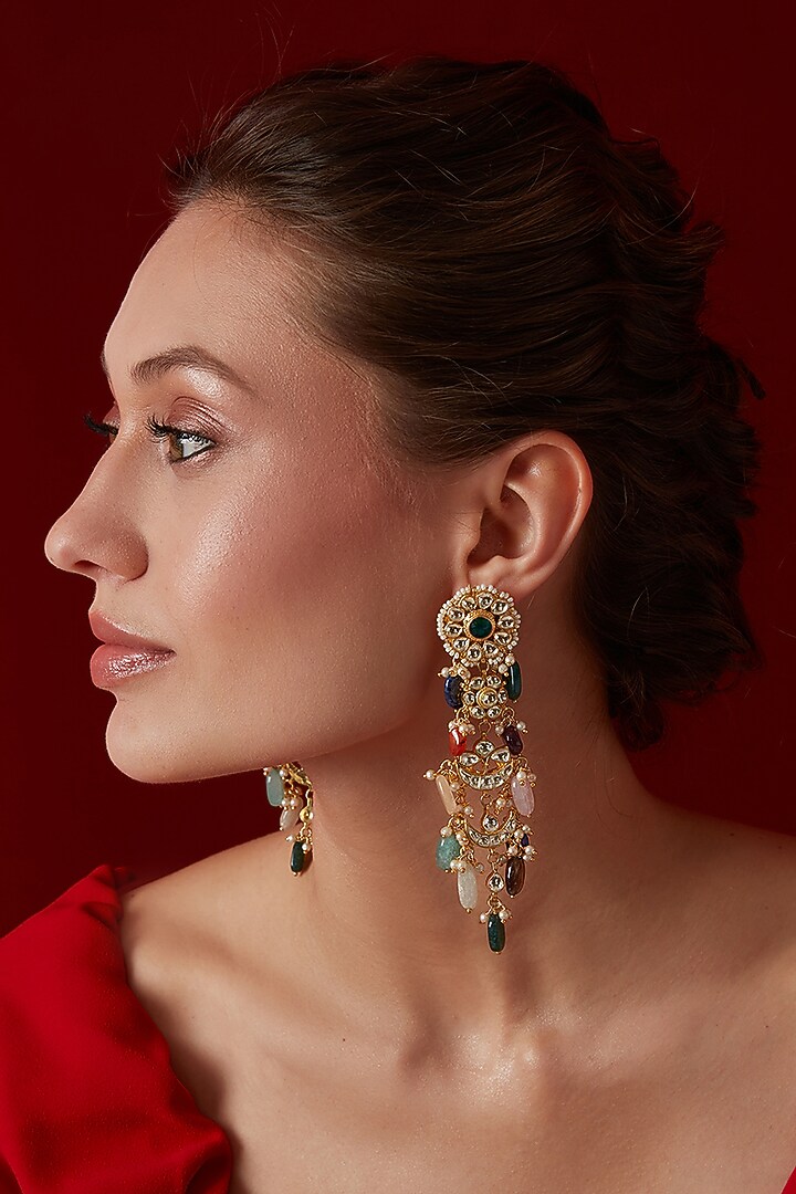 Gold Finish Kundan Polki & Seed Pearl Dangler Earrings by Paisley Pop at Pernia's Pop Up Shop