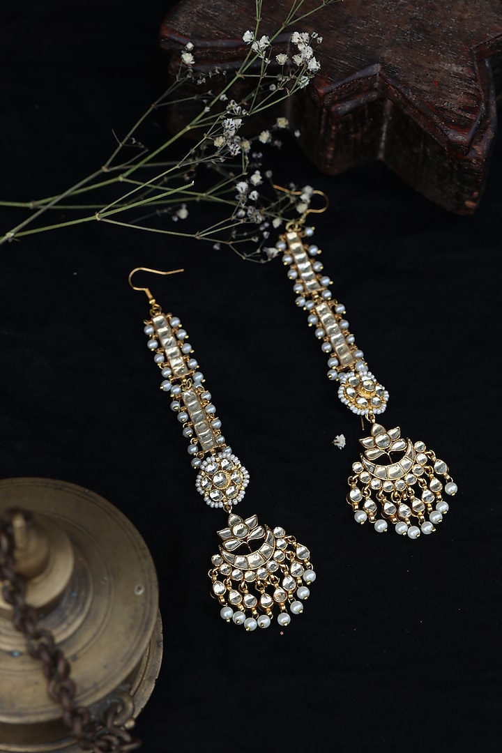 Gold Finish Kundan Polki & Shell Pearl Dangler Earrings by Paisley Pop at Pernia's Pop Up Shop