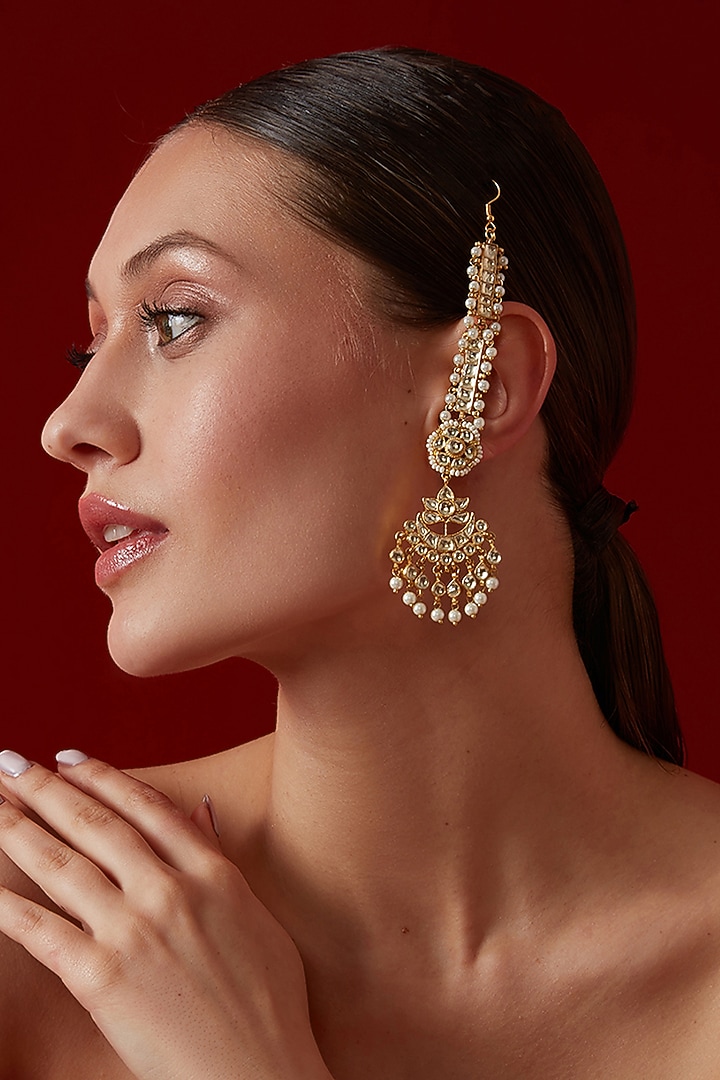 Gold Finish Kundan Polki & Shell Pearl Dangler Earrings by Paisley Pop at Pernia's Pop Up Shop