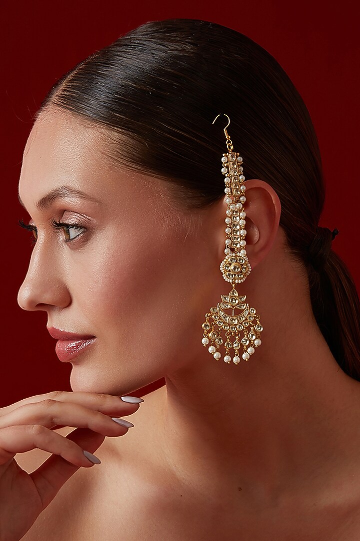 Gold Finish Kundan Polki & Shell Pearl Dangler Earrings by Paisley Pop at Pernia's Pop Up Shop