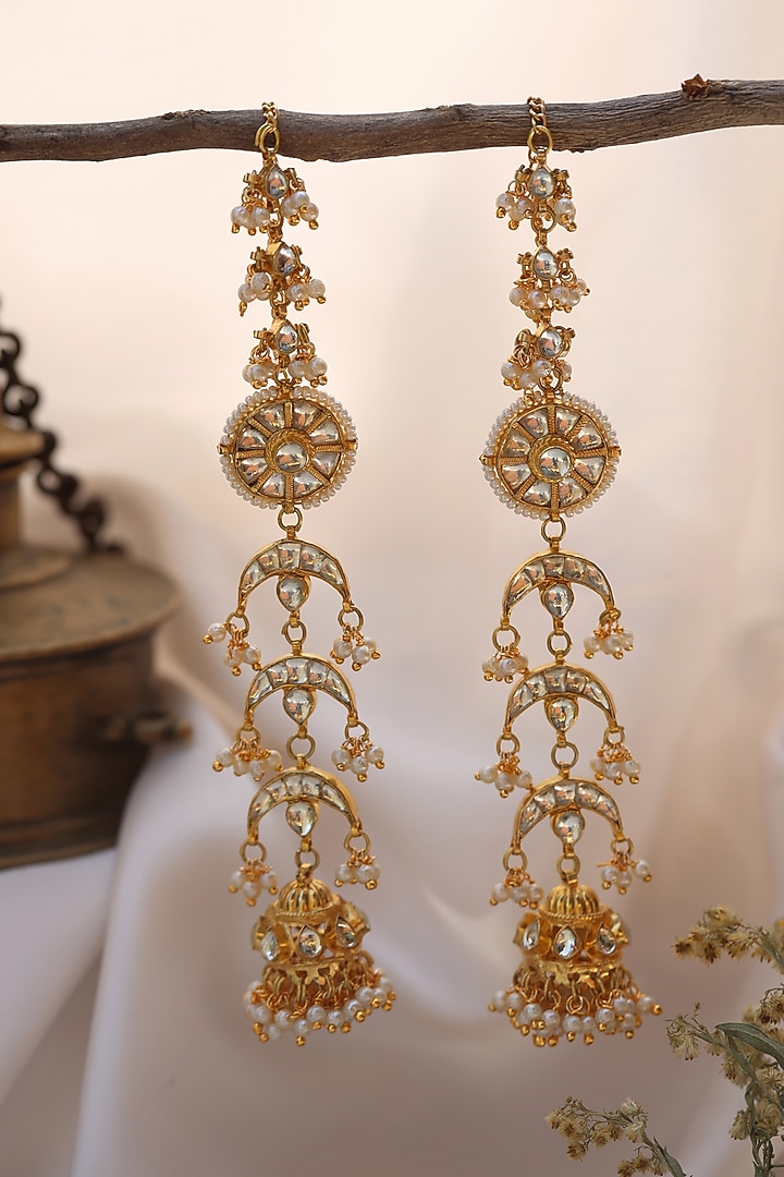 Gold Finish Kundan Polki & Pearl Dangler Earrings by Paisley Pop at Pernia's Pop Up Shop