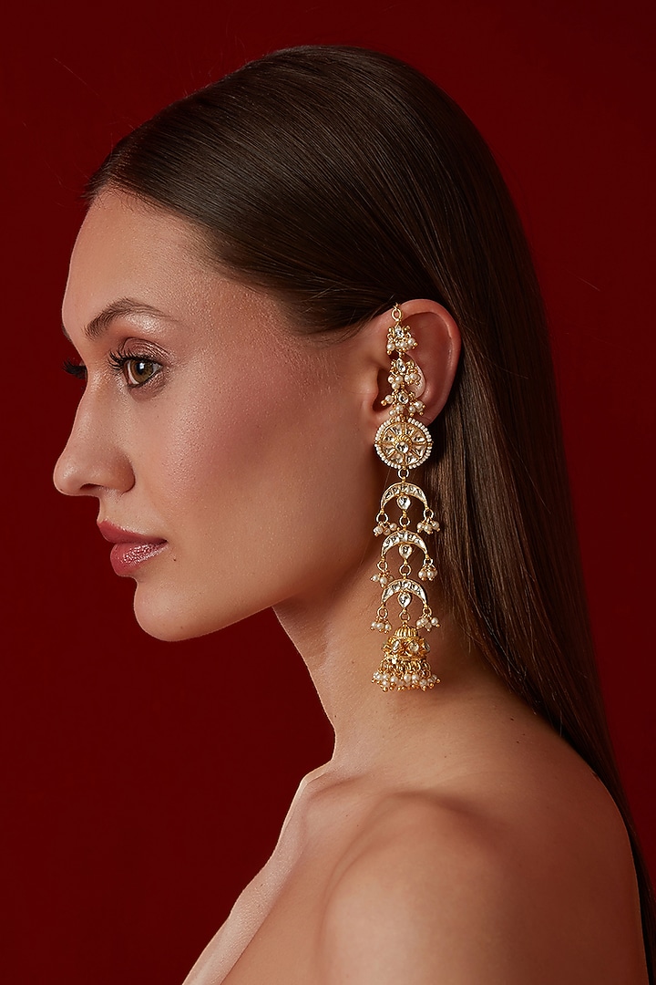Gold Finish Kundan Polki & Pearl Dangler Earrings by Paisley Pop at Pernia's Pop Up Shop