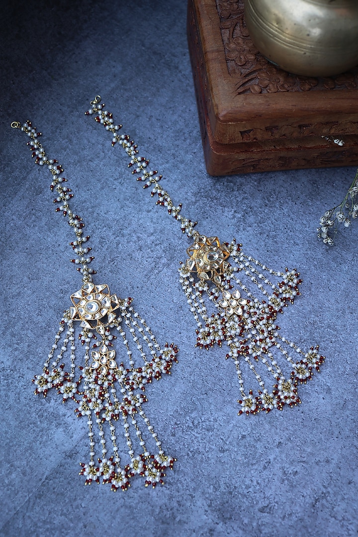 Gold Finish Kundan Polki & Pearl Dangler Earrings by Paisley Pop at Pernia's Pop Up Shop