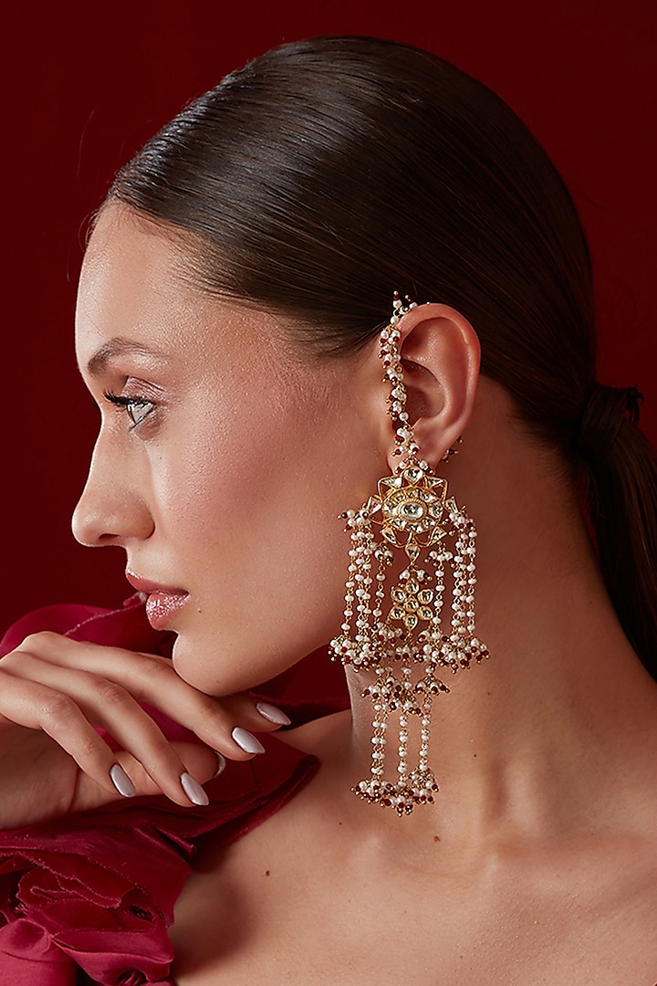 Gold Finish Kundan Polki & Pearl Dangler Earrings by Paisley Pop at Pernia's Pop Up Shop