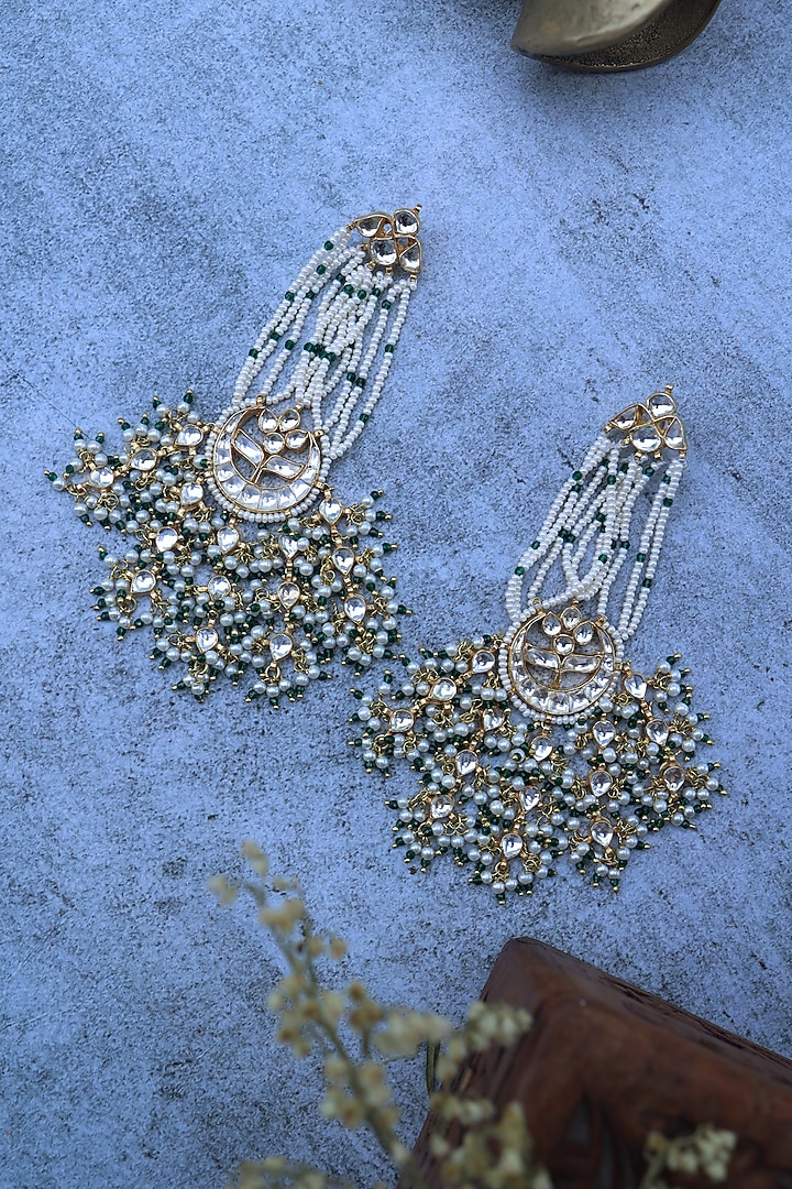 Gold Finish Kundan Polki & Shell Pearl Dangler Earrings by Paisley Pop at Pernia's Pop Up Shop