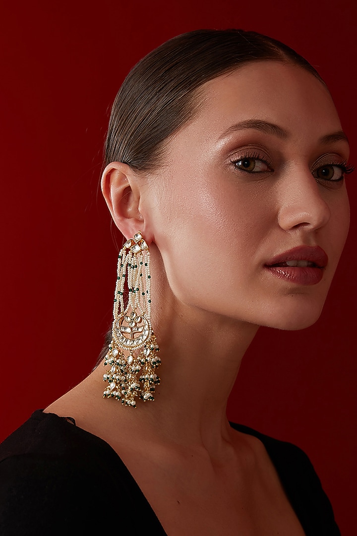 Gold Finish Kundan Polki & Shell Pearl Dangler Earrings by Paisley Pop at Pernia's Pop Up Shop