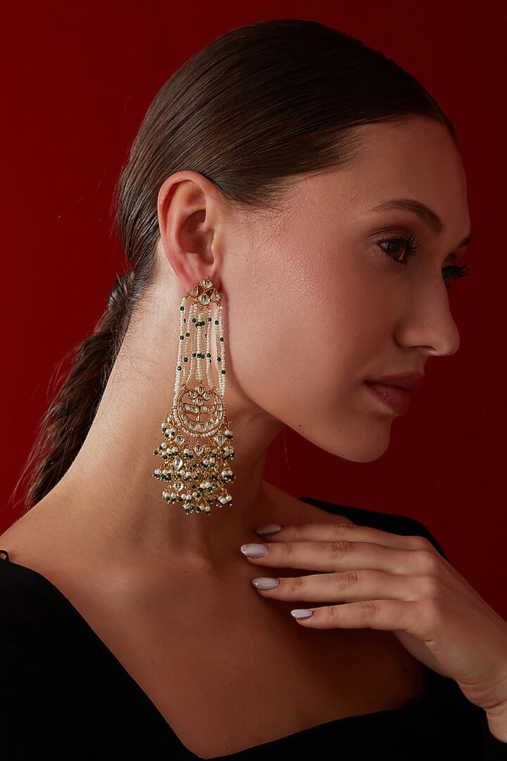 Gold Finish Kundan Polki & Shell Pearl Dangler Earrings by Paisley Pop at Pernia's Pop Up Shop