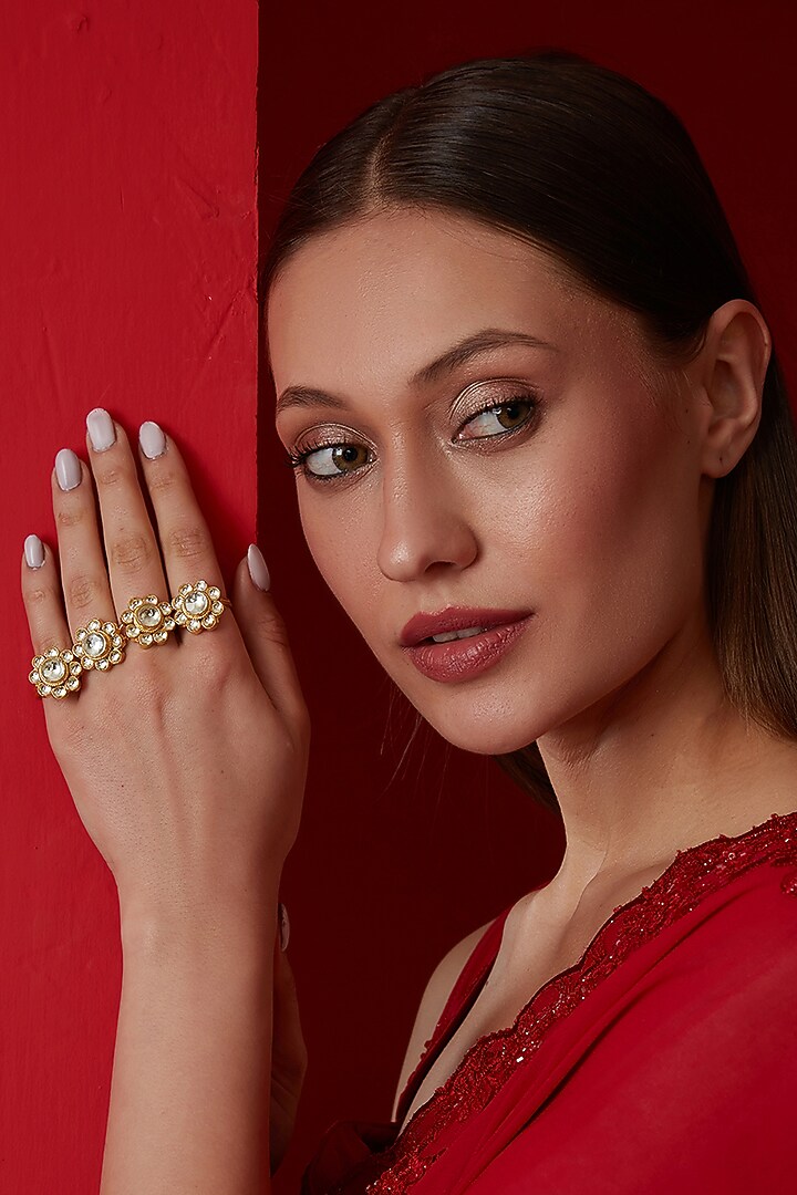 Gold Finish Kundan Polki Ring by Paisley Pop at Pernia's Pop Up Shop