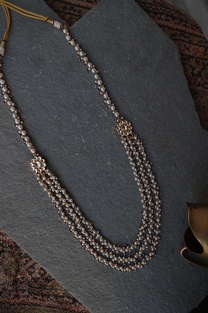 Gold Finish Kundan Polki & Green Beaded Necklace by Paisley Pop at Pernia's Pop Up Shop