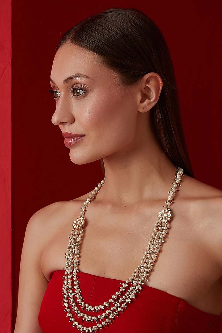 Gold Finish Kundan Polki & Green Beaded Necklace by Paisley Pop at Pernia's Pop Up Shop