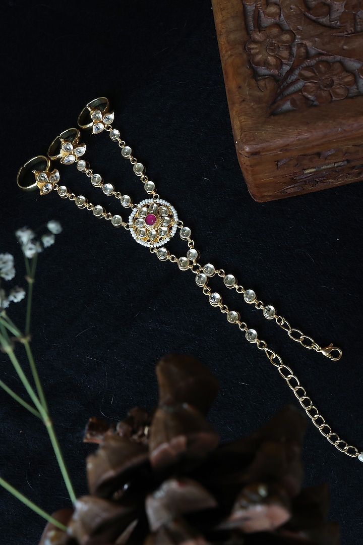Gold Finish Kundan Polki & Shell Pearl Hathphool by Paisley Pop at Pernia's Pop Up Shop