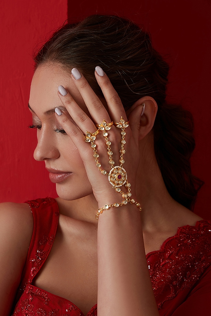 Gold Finish Kundan Polki & Shell Pearl Hathphool by Paisley Pop at Pernia's Pop Up Shop