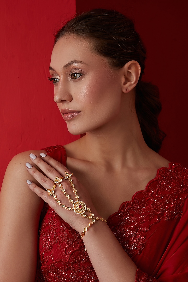Gold Finish Kundan Polki & Shell Pearl Hathphool by Paisley Pop at Pernia's Pop Up Shop