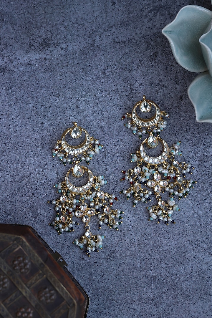 Gold Finish Kundan & Shell Pearl Dangler Earrings by Paisley Pop at Pernia's Pop Up Shop