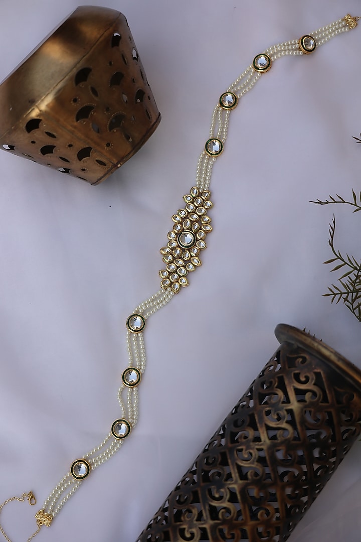 Gold Finish Kundan & Pearl Waist Belt by Paisley Pop at Pernia's Pop Up Shop