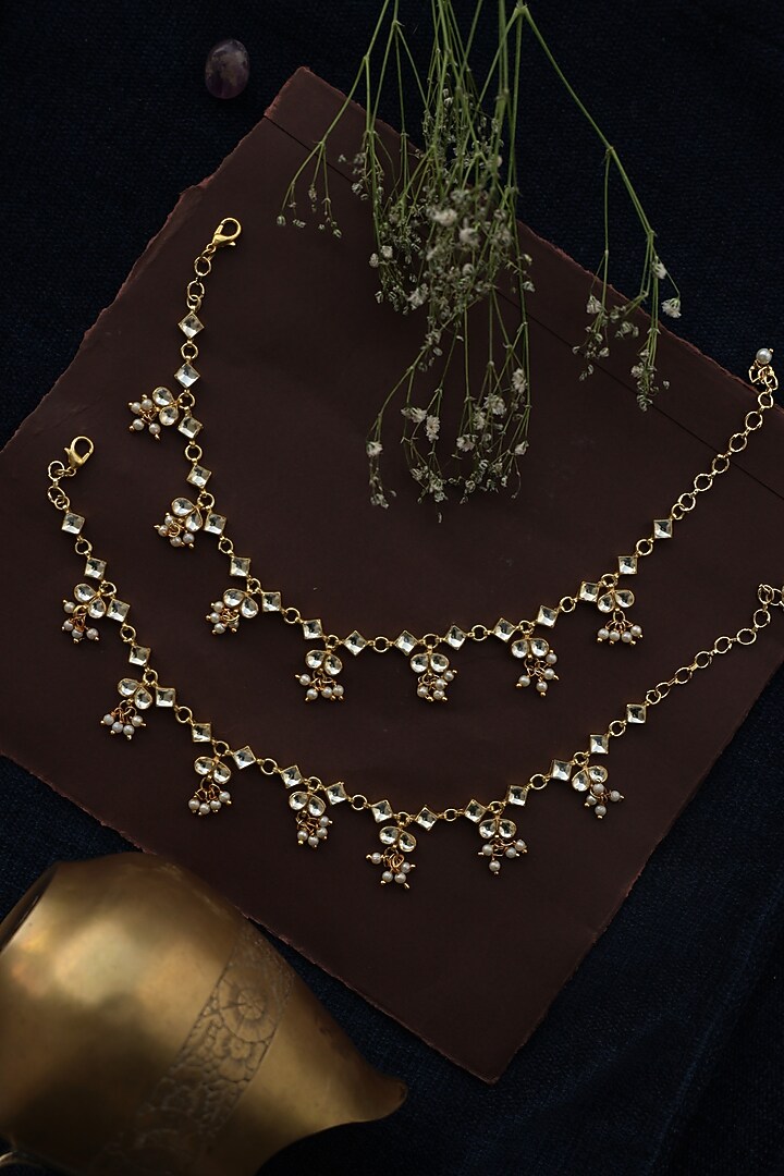 Gold Finish Kundan & Shell Pearl Anklets by Paisley Pop at Pernia's Pop Up Shop