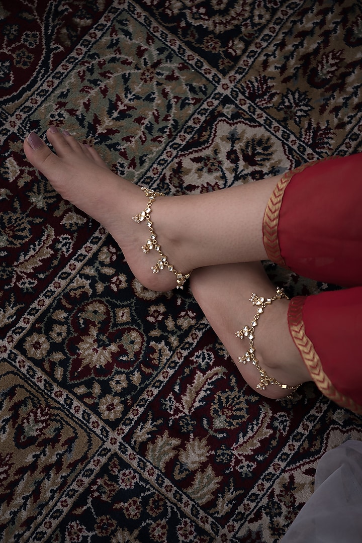 Gold Finish Kundan & Shell Pearl Anklets by Paisley Pop at Pernia's Pop Up Shop
